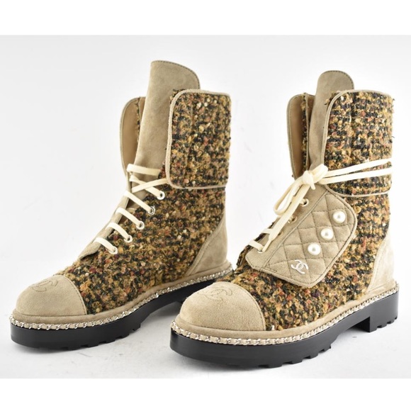 Chanel Citizen Brown Beige Green Tweed CC Chain Pearl Combat Tall Boots 39.5 - Picture 2 of 11